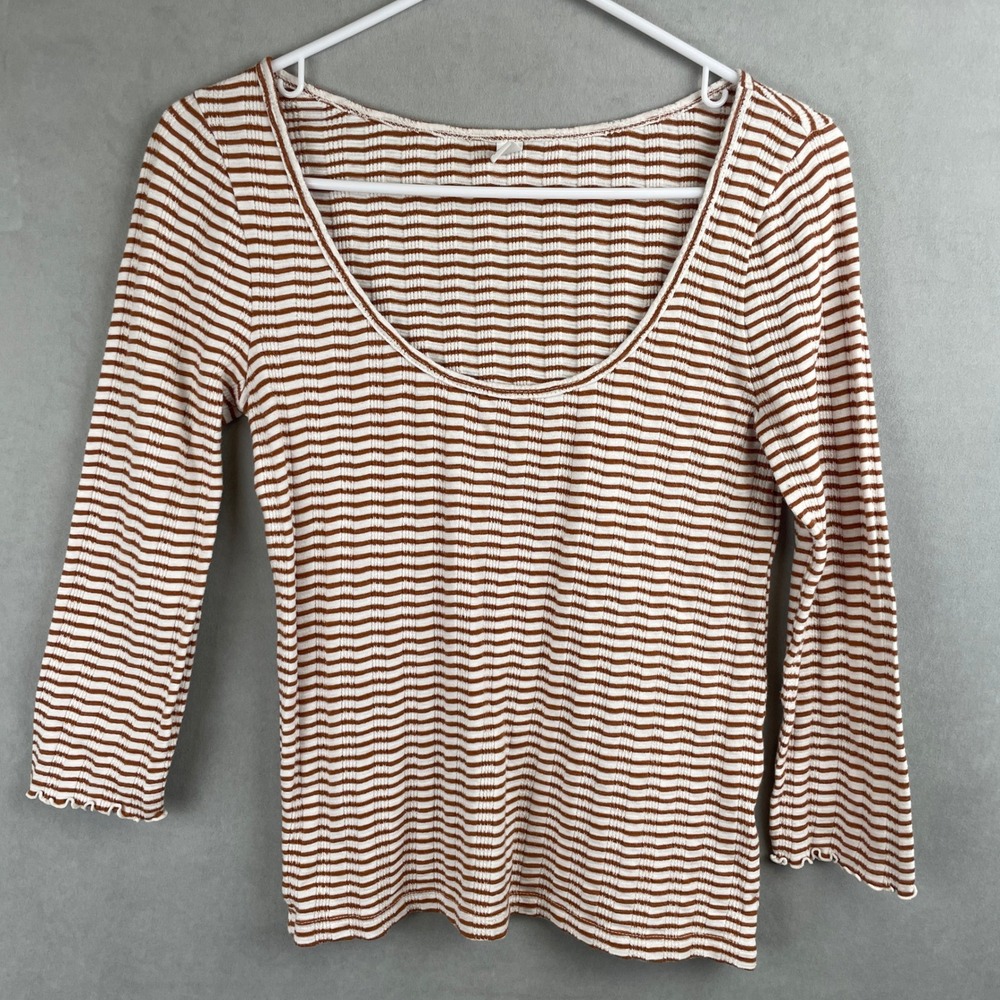 BP Nordstrom Women M Brown White Stripe Ribbed Scoop Neck Lettuce Cuff Indie Top
